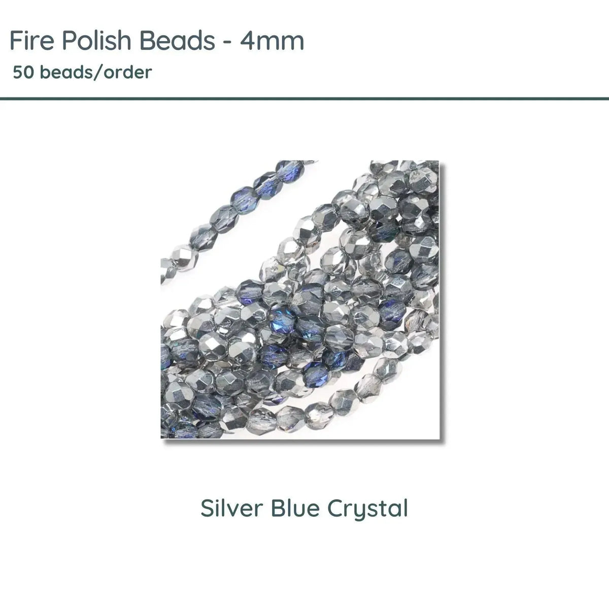 Fire Polish Beads, 4mm, Silver Blue Crystal, 50 pieces - The Argus Collection