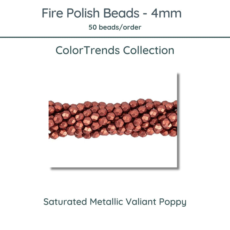 Fire Polish Beads, 4mm, Saturated Metallic Valiant Poppy, 50 pieces - The Argus Collection