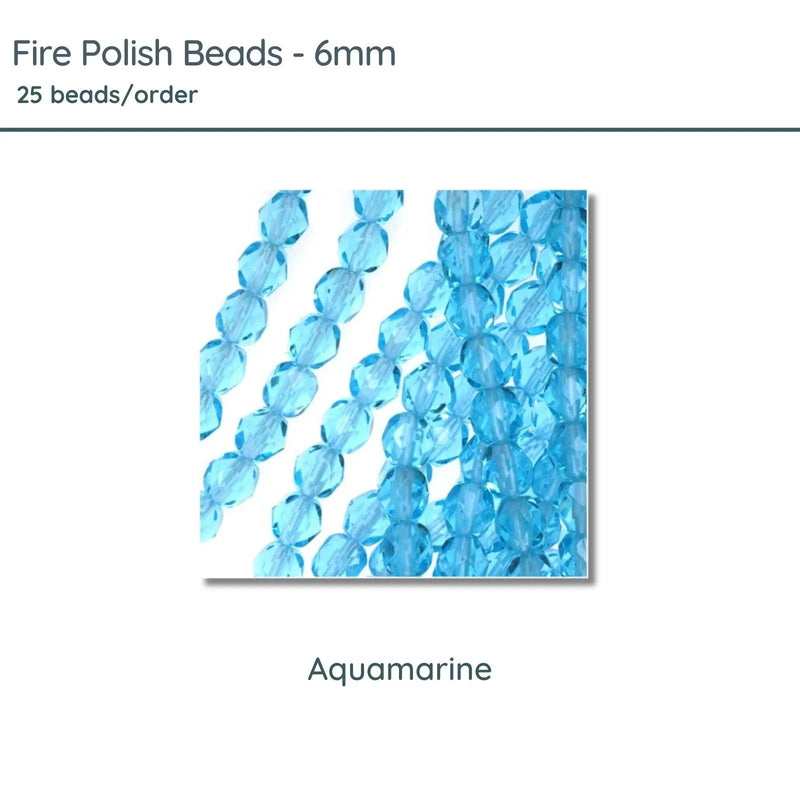 Fire Polish Beads, 6mm, Aquamarine, 25 pieces - The Argus Collection