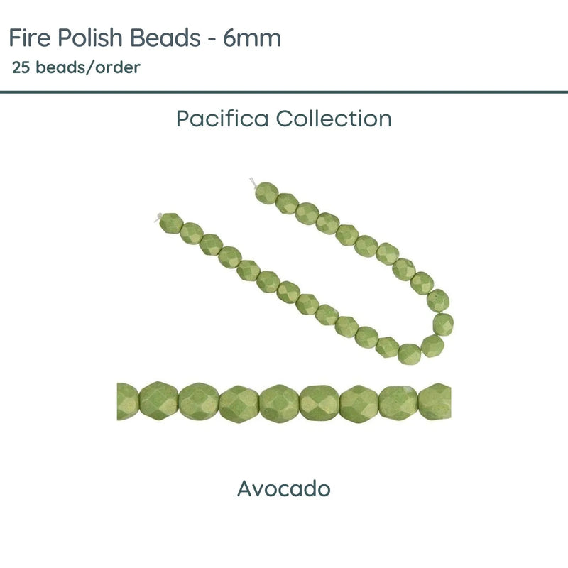 Fire Polish Beads, 6mm, Pacifica Avocado, 25 pieces - The Argus Collection