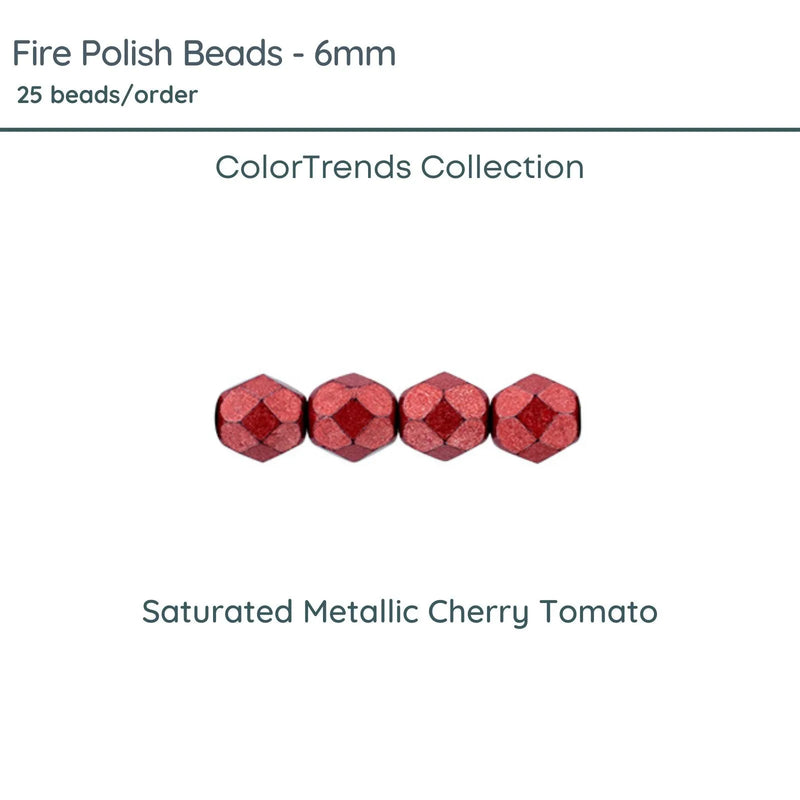 Fire Polish Beads, 6mm, Saturated Metallic Cherry Tomato, 25 pieces - The Argus Collection