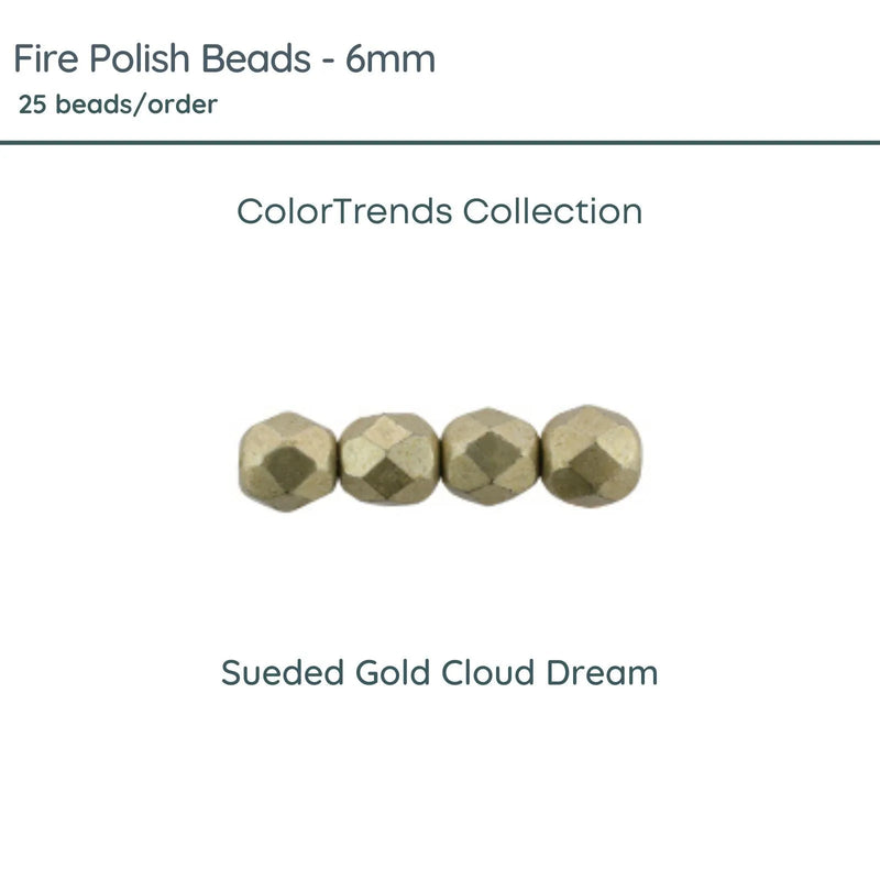 Fire Polish Beads, 6mm, Sueded Gold Cloud Dream, 25 pieces - The Argus Collection