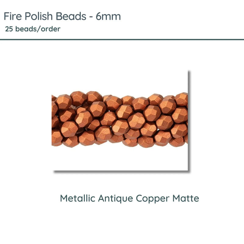 Fire Polish Beads, 6mm, Metallic Antique Copper Matte, 25 pieces - The Argus Collection