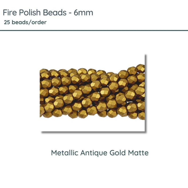 Fire Polish Beads, 6mm, Metallic Antique Gold Matte, 25 pieces - The Argus Collection