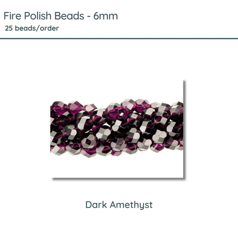 Fire Polish Beads, 6mm, Dark Amethyst, 25 pieces - The Argus Collection