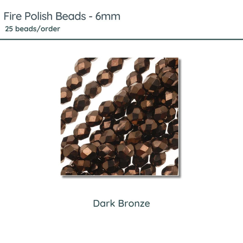 Fire Polish Beads, 6mm, Dark Bronze, 25 pieces - The Argus Collection