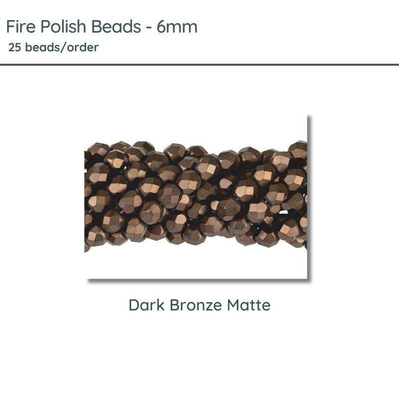 Fire Polish Beads, 6mm, Dark Bronze Matte, 25 pieces - The Argus Collection