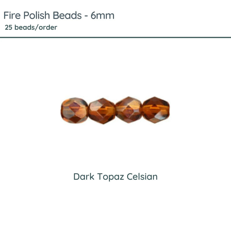 Fire Polish Beads, 6mm, Dark Topaz Celsian, 25 pieces - The Argus Collection