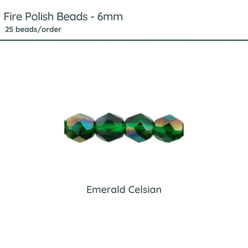 Fire Polish Beads, 6mm, Emerald Celsian, 25 pieces - The Argus Collection