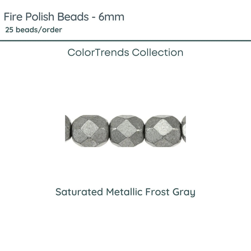 Fire Polish Beads, 6mm, Saturated Metallic Frost Gray, 25 pieces - The Argus Collection