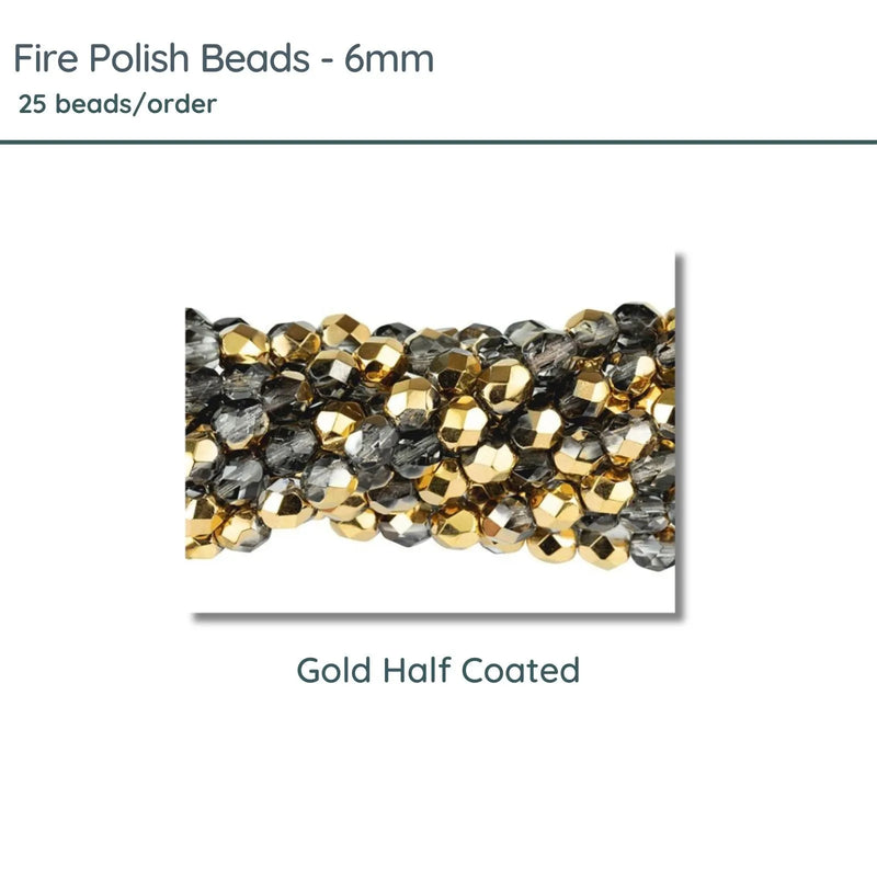 Fire Polish Beads, 6mm, Gold Half Coated, 25 pieces - The Argus Collection