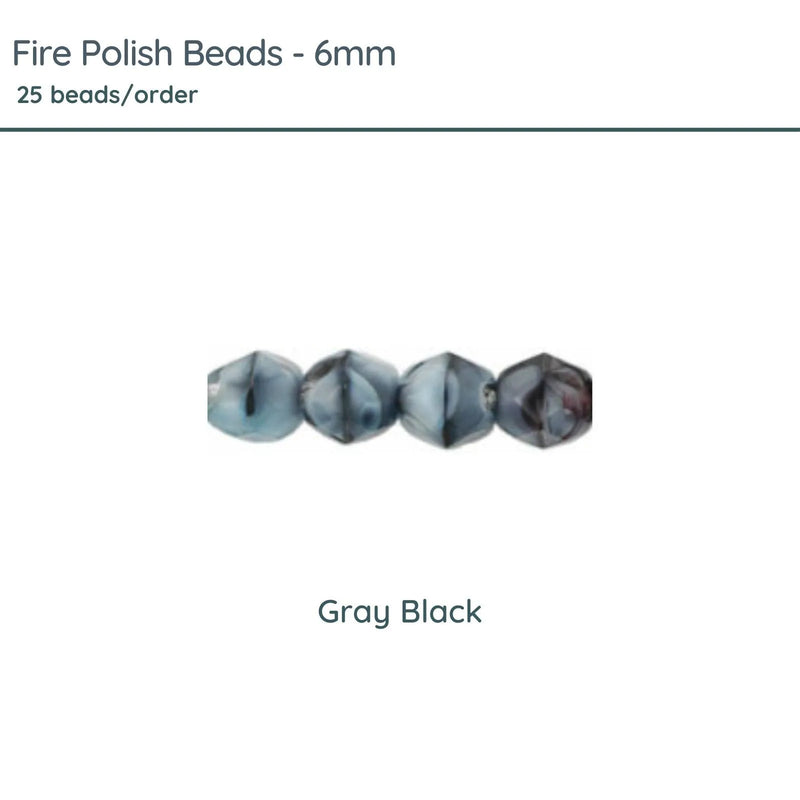 Fire Polish Beads, 6mm, Gray Black, 25 pieces - The Argus Collection