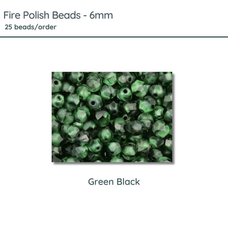 Fire Polish Beads, 6mm, Green Black, 25 pieces - The Argus Collection