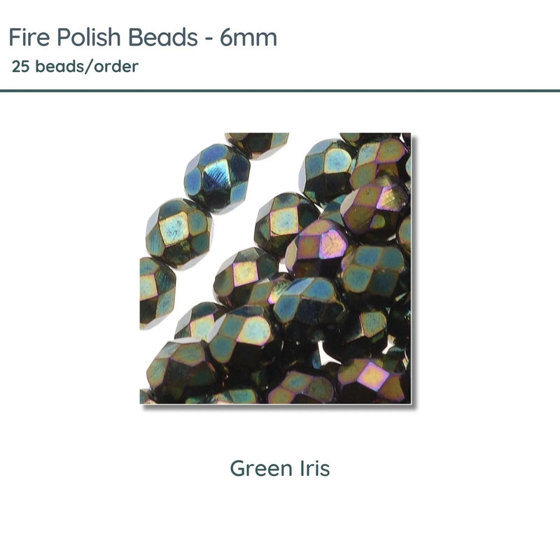 Fire Polish Beads, 6mm, Green Iris, 25 pieces - The Argus Collection