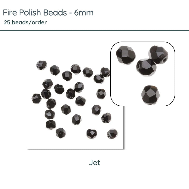 Fire Polish Beads, 6mm, Jet, 25 pieces - The Argus Collection