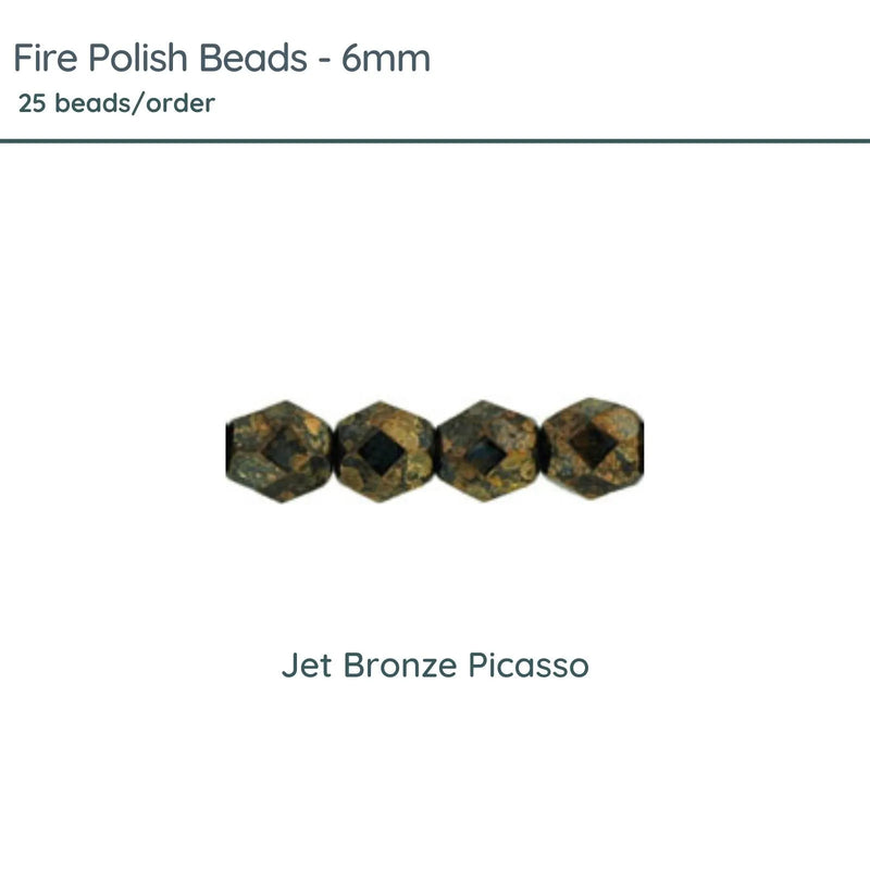 Fire Polish Beads, 6mm, Jet Bronze Picasso, 25 pieces - The Argus Collection