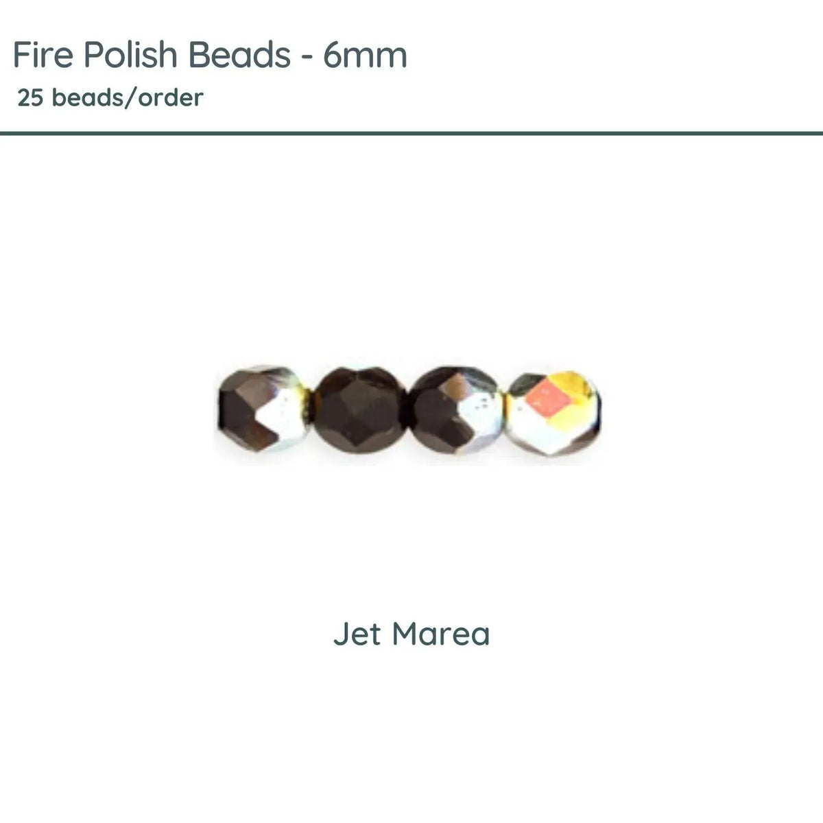 Fire Polish Beads, 6mm, Jet Marea, 25 pieces - The Argus Collection