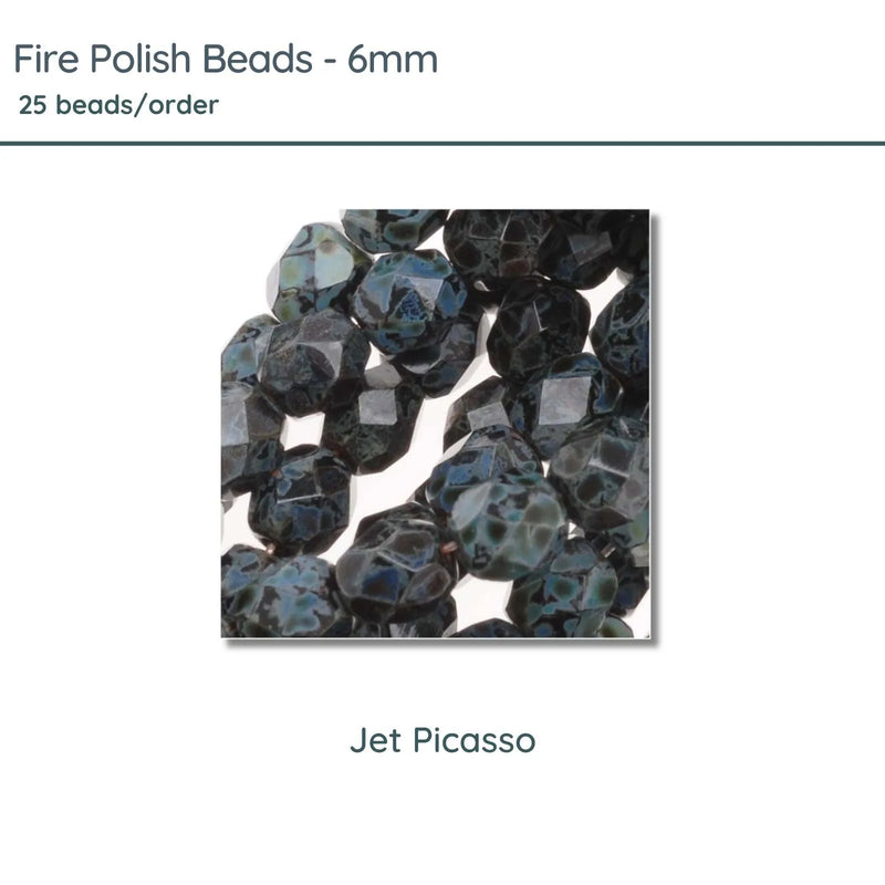 Fire Polish Beads, 6mm, Jet Picasso, 25 pieces - The Argus Collection