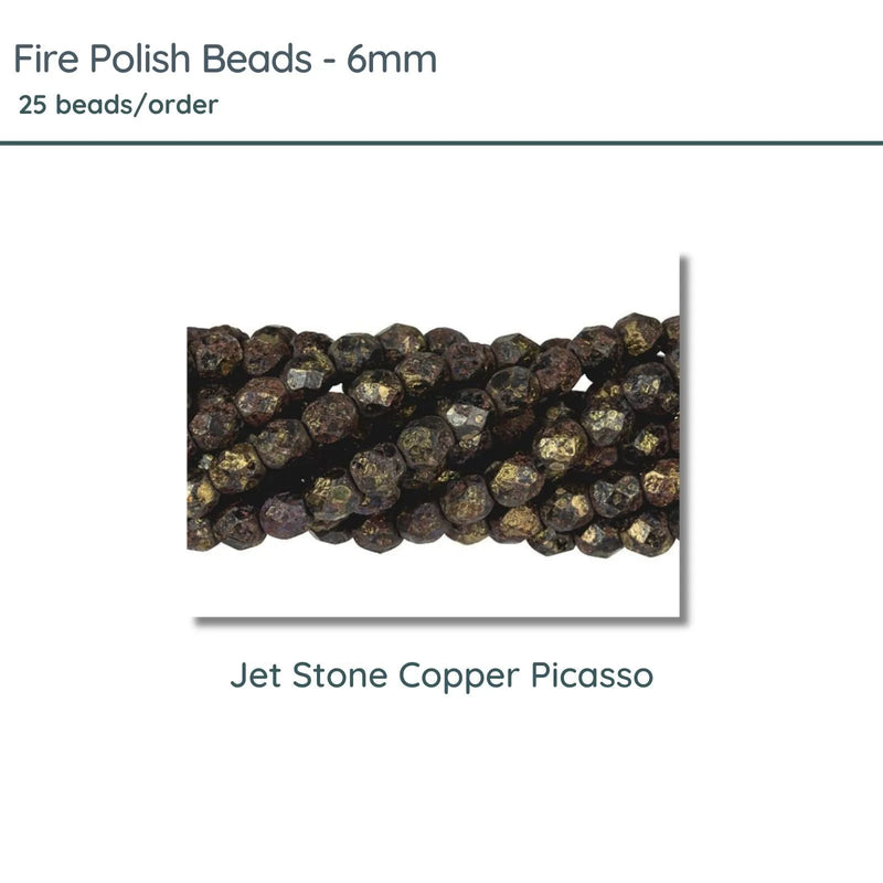 Fire Polish Beads, 6mm, Jet Stone Copper Picasso, 25 pieces - The Argus Collection