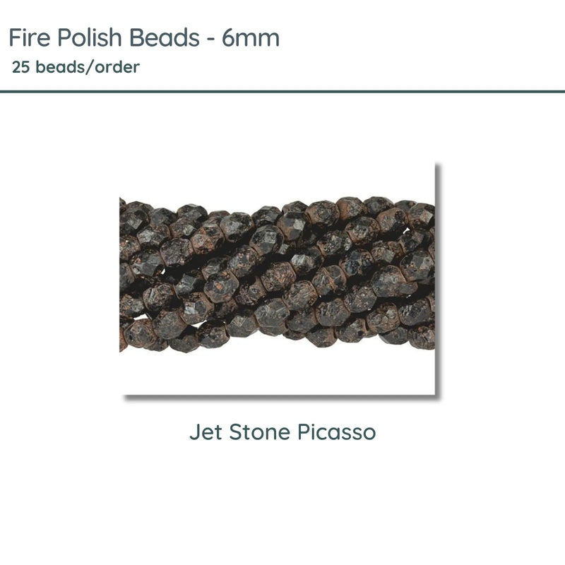 Fire Polish Beads, 6mm, Jet Stone Picasso, 25 pieces - The Argus Collection