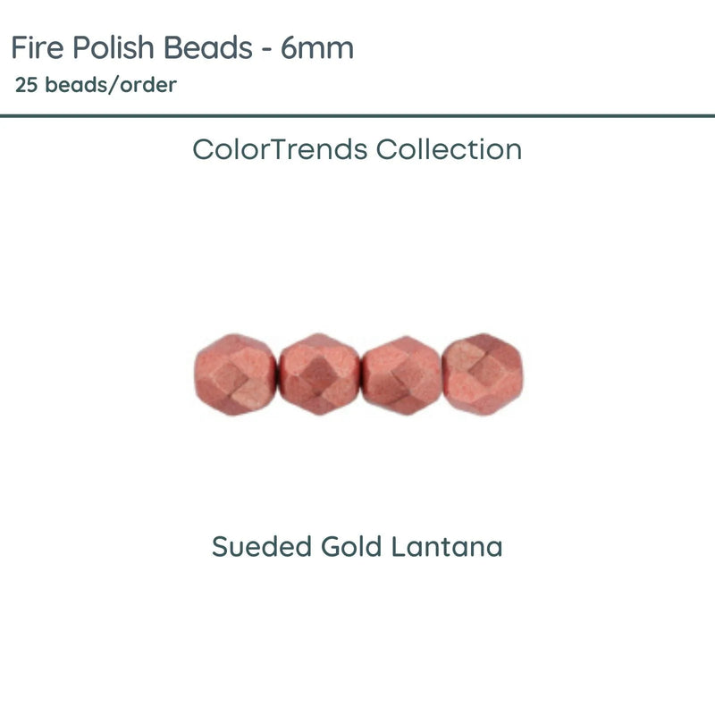 Fire Polish Beads, 6mm, Sueded Gold Lantana, 25 pieces - The Argus Collection