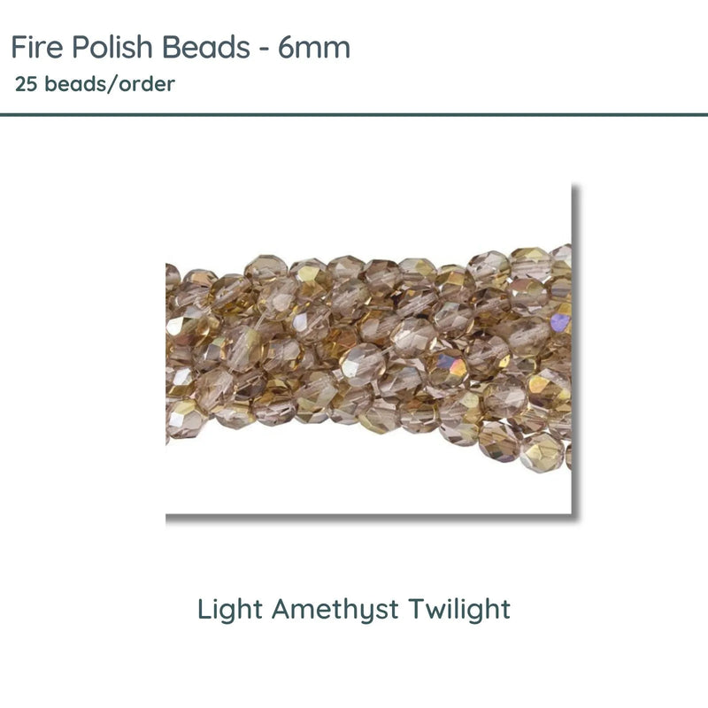 Fire Polish Beads, 6mm, Light Amethyst Twilight, 25 pieces - The Argus Collection