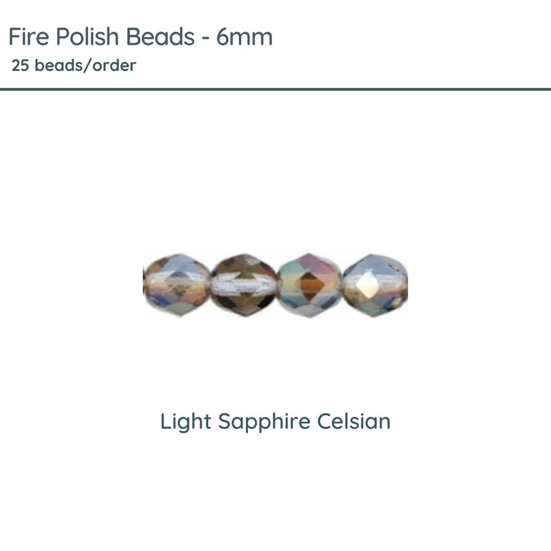 Fire Polish Beads, 6mm, Light Sapphire Celsian, 25 pieces - The Argus Collection