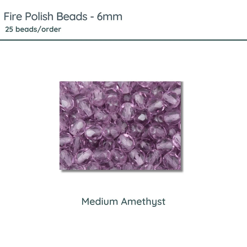 Fire Polish Beads, 6mm, Medium Amethyst, 25 pieces - The Argus Collection