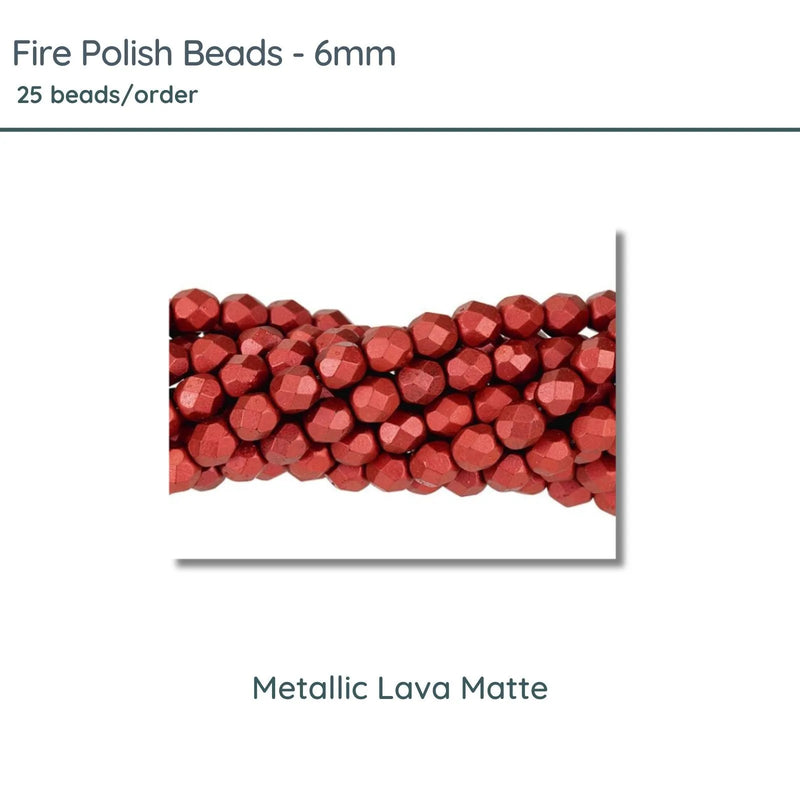 Fire Polish Beads, 6mm, Metallic Lava Matte, 25 pieces - The Argus Collection