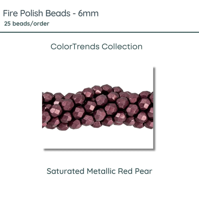 Fire Polish Beads, 6mm, Saturated Metallic Red Pear, 25 pieces - The Argus Collection