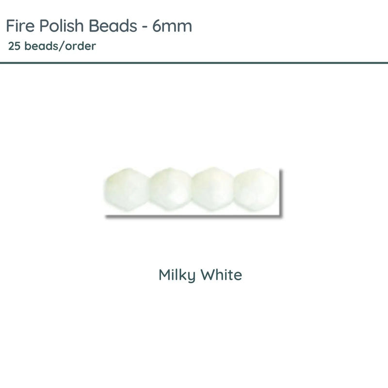 Fire Polish Beads, 6mm, Milky White, 25 pieces - The Argus Collection