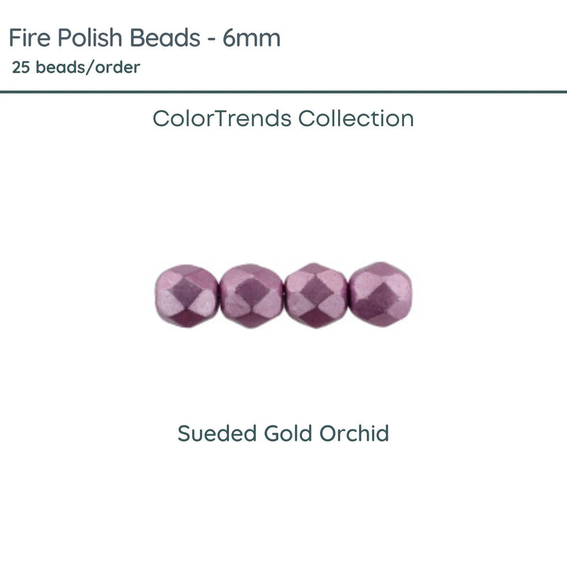 Fire Polish Beads, 6mm, Sueded Gold Orchid, 25 pieces - The Argus Collection