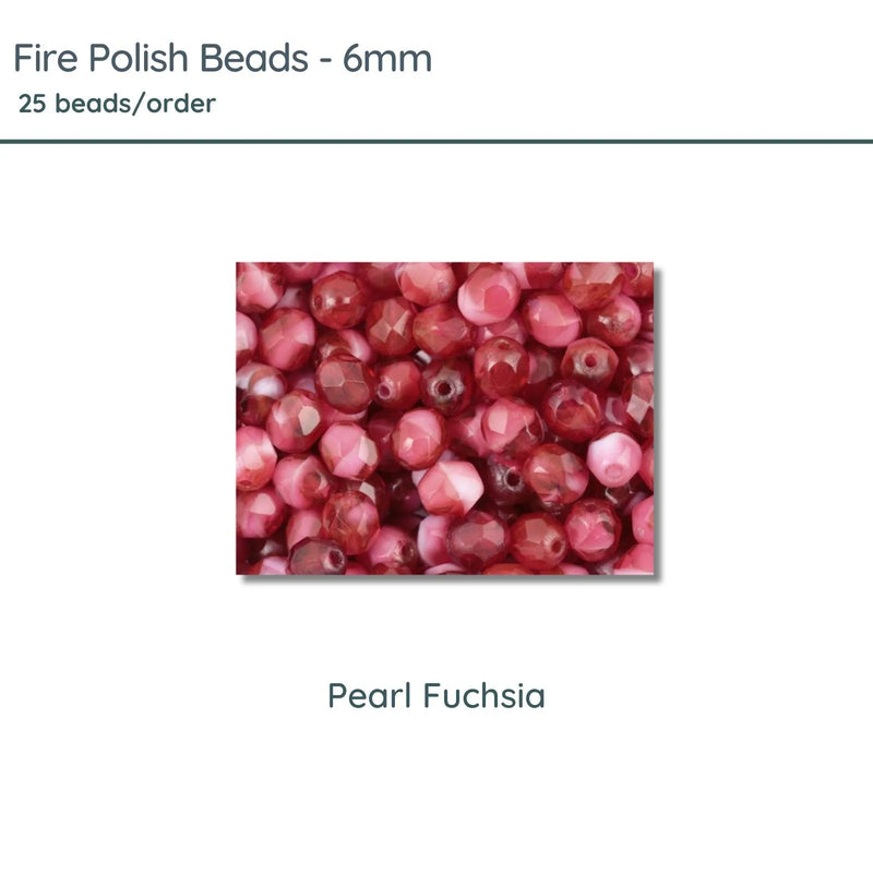 Fire Polish Beads, 6mm, Pearl Fuchsia, 25 pieces - The Argus Collection