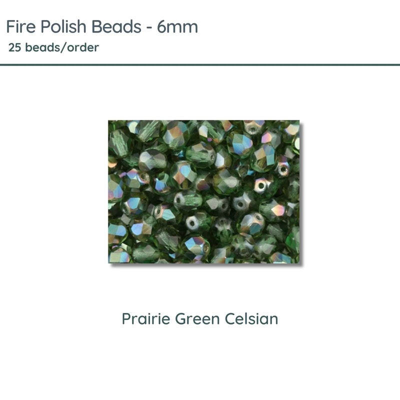 Fire Polish Beads, 6mm, Prairie Green Celsian, 25 pieces - The Argus Collection