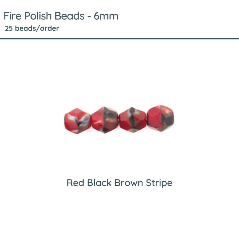 Fire Polish Beads, 6mm, Red Black Brown Stripe, 25 pieces - The Argus Collection