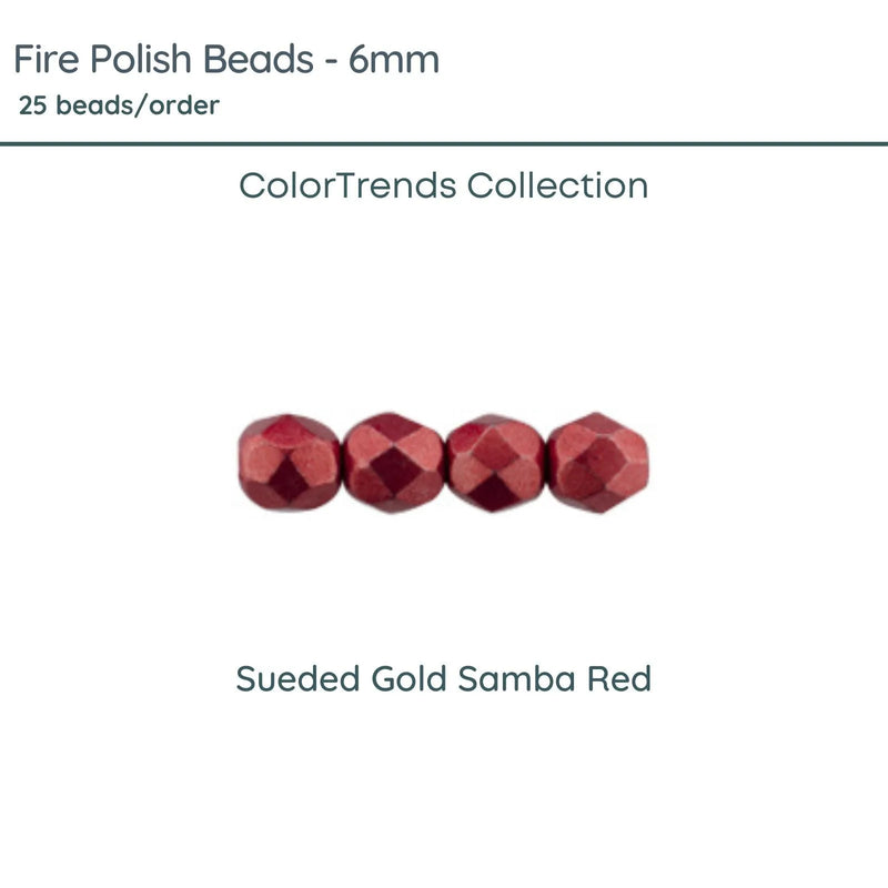 Fire Polish Beads, 6mm, Sueded Gold Samba Red, 25 pieces - The Argus Collection