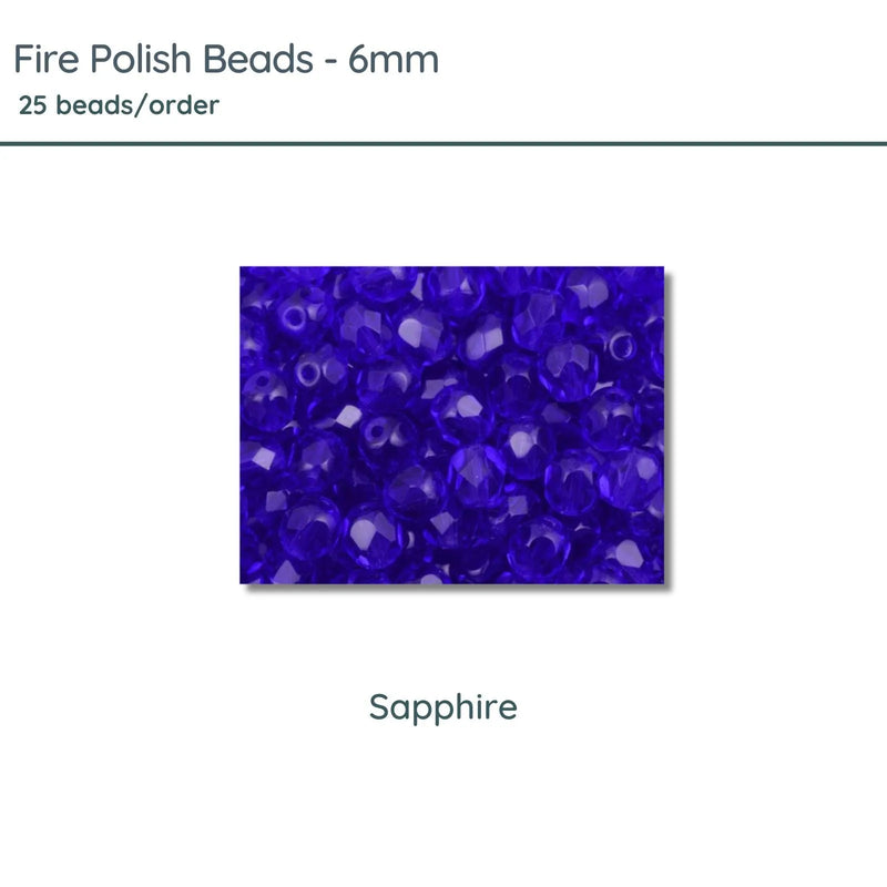 Fire Polish Beads, 6mm, Sapphire, 25 pieces - The Argus Collection