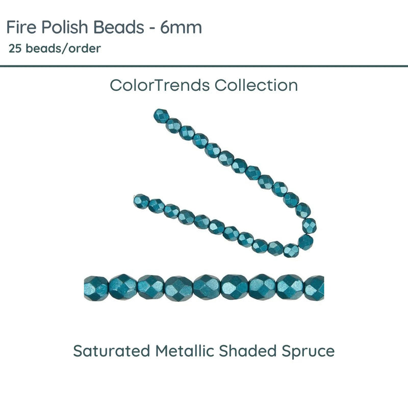 Fire Polish Beads, 6mm, Saturated Metallic Shaded Spruce, 25 pieces - The Argus Collection