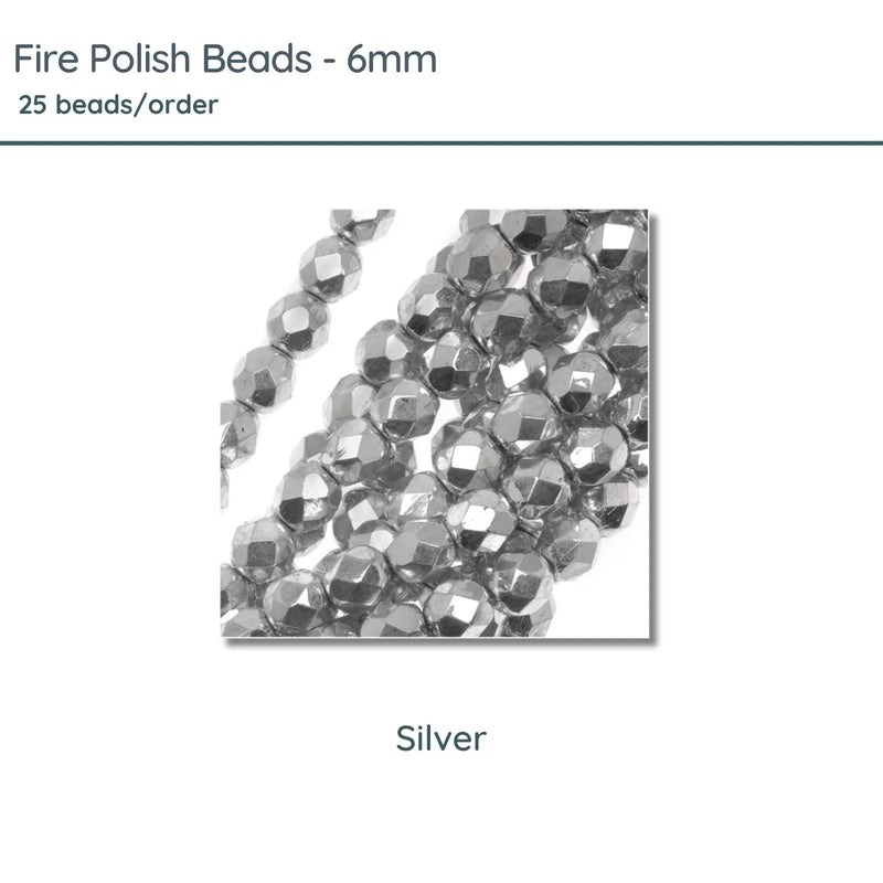 Fire Polish Beads, 6mm, Silver, 25 pieces - The Argus Collection