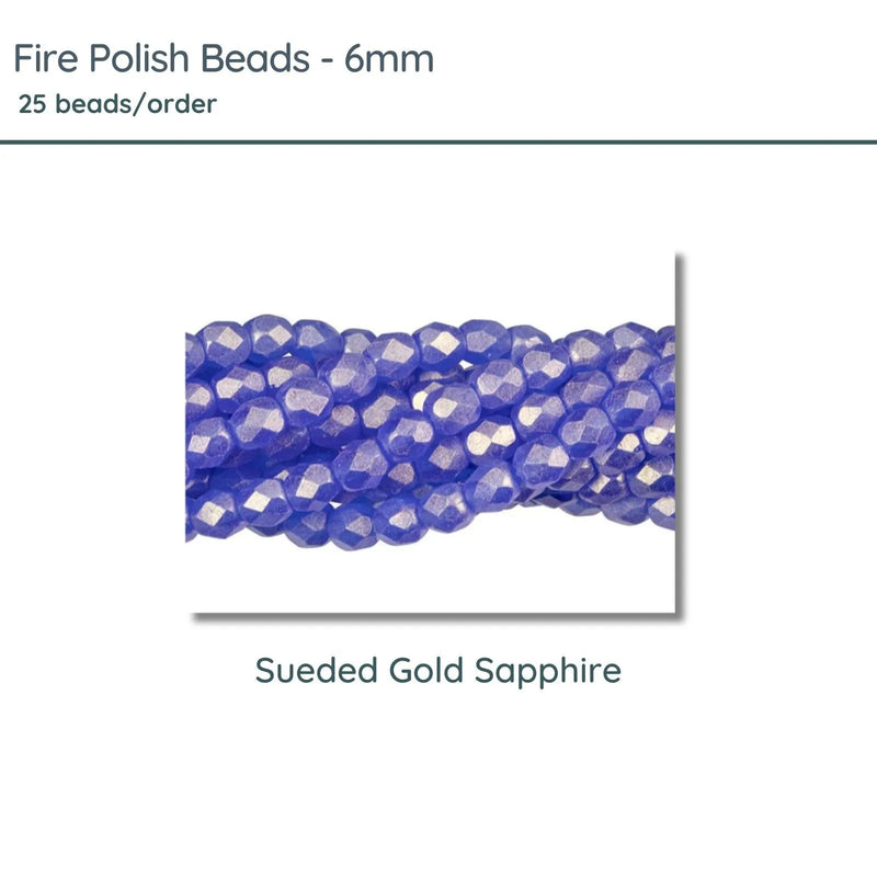 Fire Polish Beads, 6mm, Sueded Gold Sapphire, 25 pieces - The Argus Collection