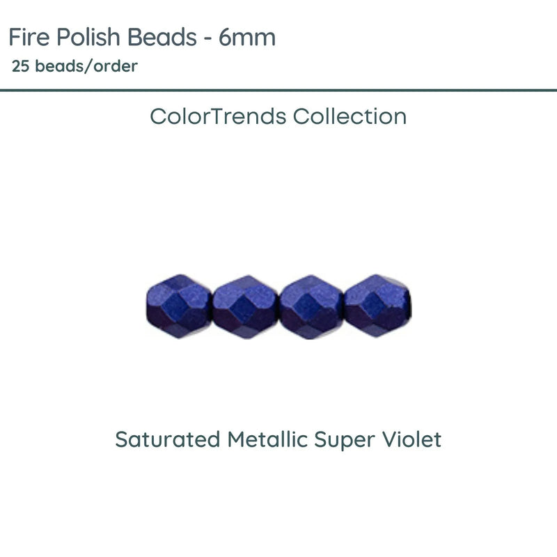 Fire Polish Beads, 6mm, Saturated Metallic Super Violet, 25 pieces - The Argus Collection