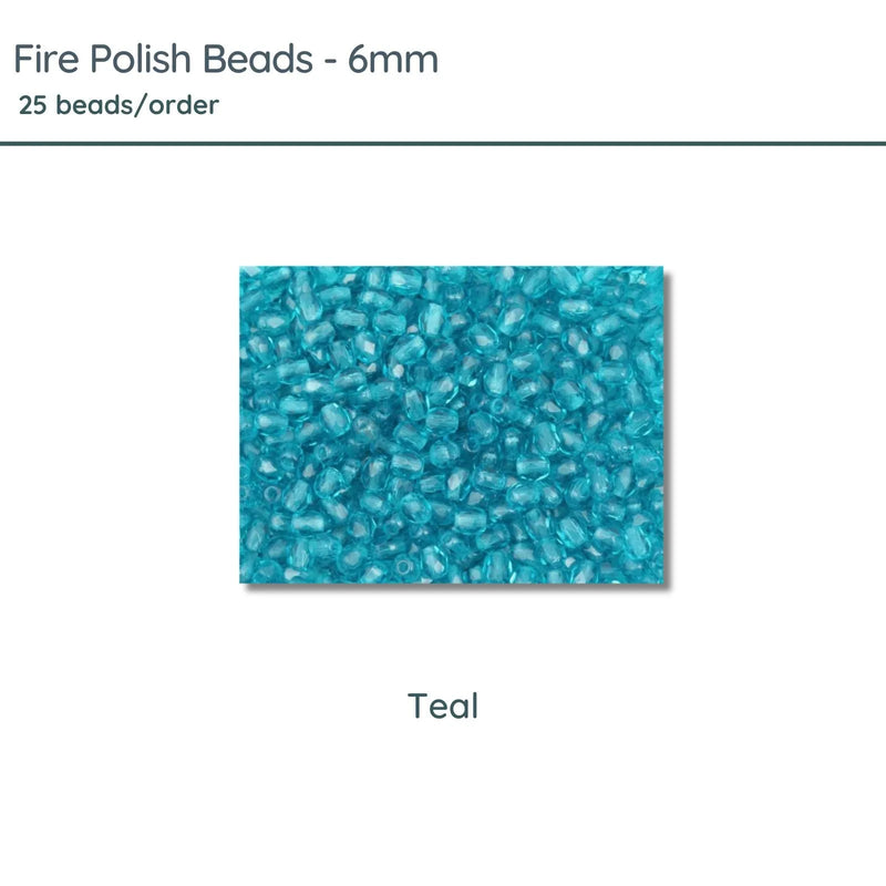 Fire Polish Beads, 6mm, Teal, 25 pieces - The Argus Collection