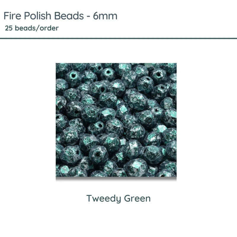 Fire Polish Beads, 6mm, Tweedy Green, 25 pieces - The Argus Collection