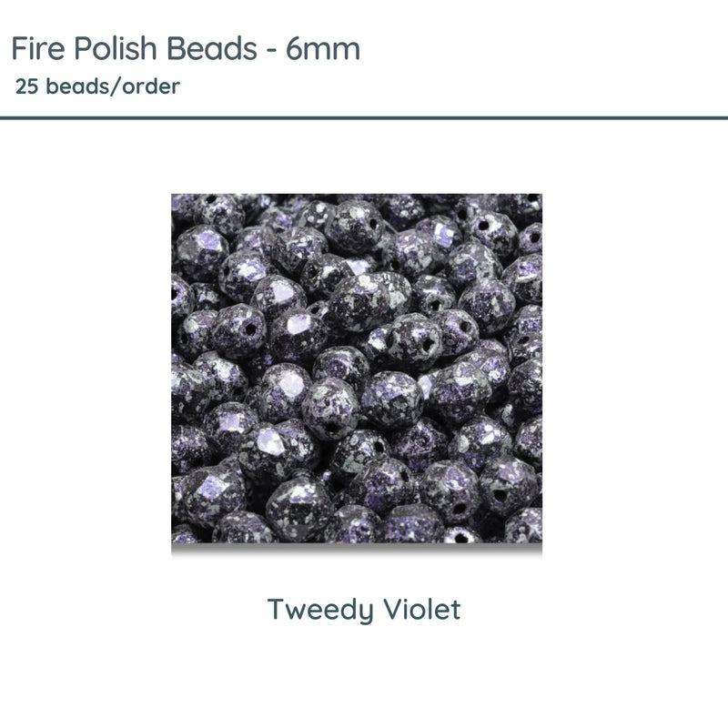 Fire Polish Beads, 6mm, Tweedy Violet, 25 pieces - The Argus Collection