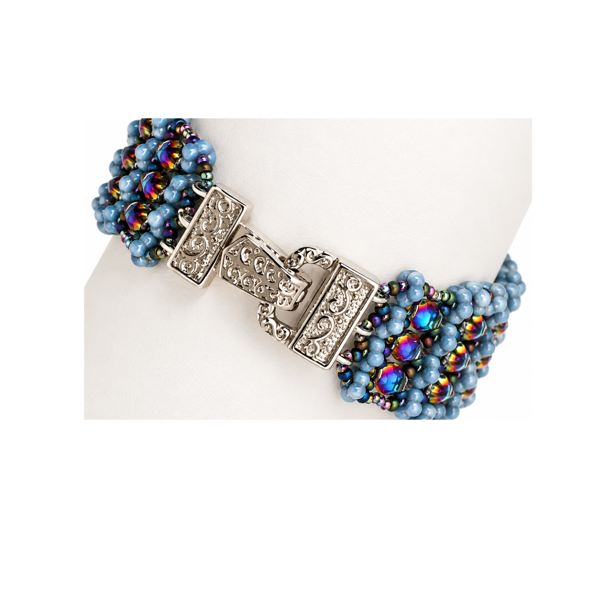 Fancy Foldover 3-strand silver clasp shown on a blue multi-strand beaded bracelet