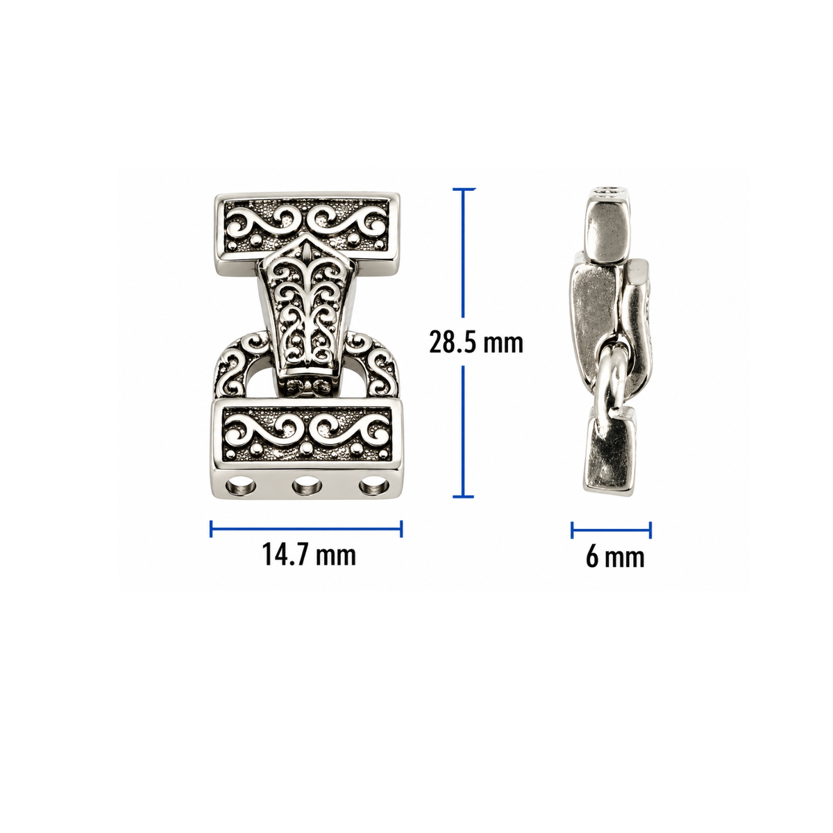 Fancy Foldover 3-strand clasp measurements showing 28.5mm length, 14.7mm width and 6mm depth