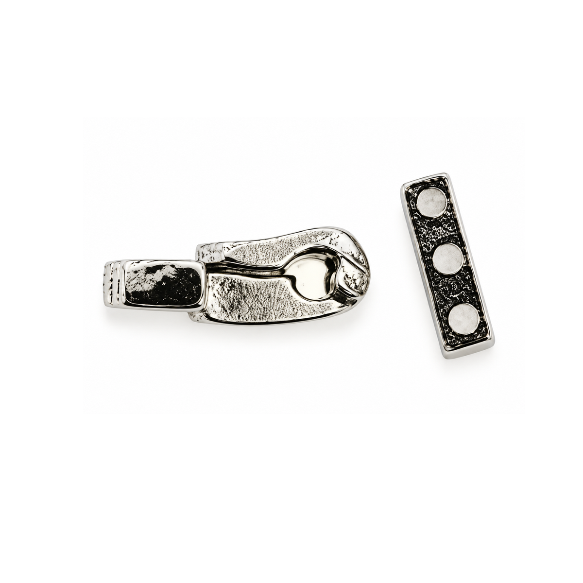 Fancy Foldover 3-strand silver clasp shown open to display the foldover closure mechanism