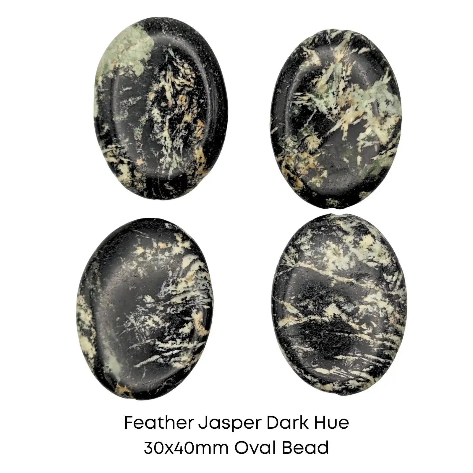 Four Feather Jasper Dark Hue oval beads on a white background