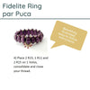Purple beaded ring with text and a speech bubble on a white background