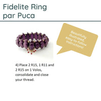 Purple beaded ring with text and a speech bubble on a white background